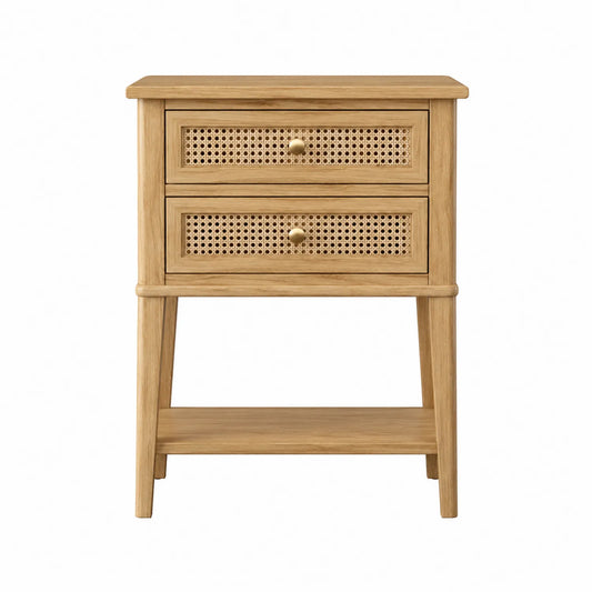 Nachttisch aus Eichenholz mit Rattan, 2 Schubladen, 60x40x70cm