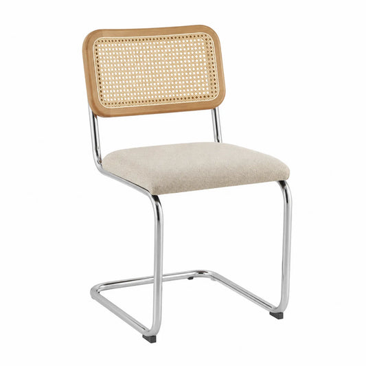 Esszimmerstuhl mit Chromrahmen und Rattangeflecht-Rückenlehne Beige